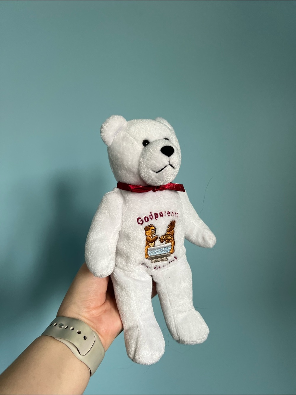 White 'Godparents' Plush Bear with Red Bow - Keepsake Stuffed Animal